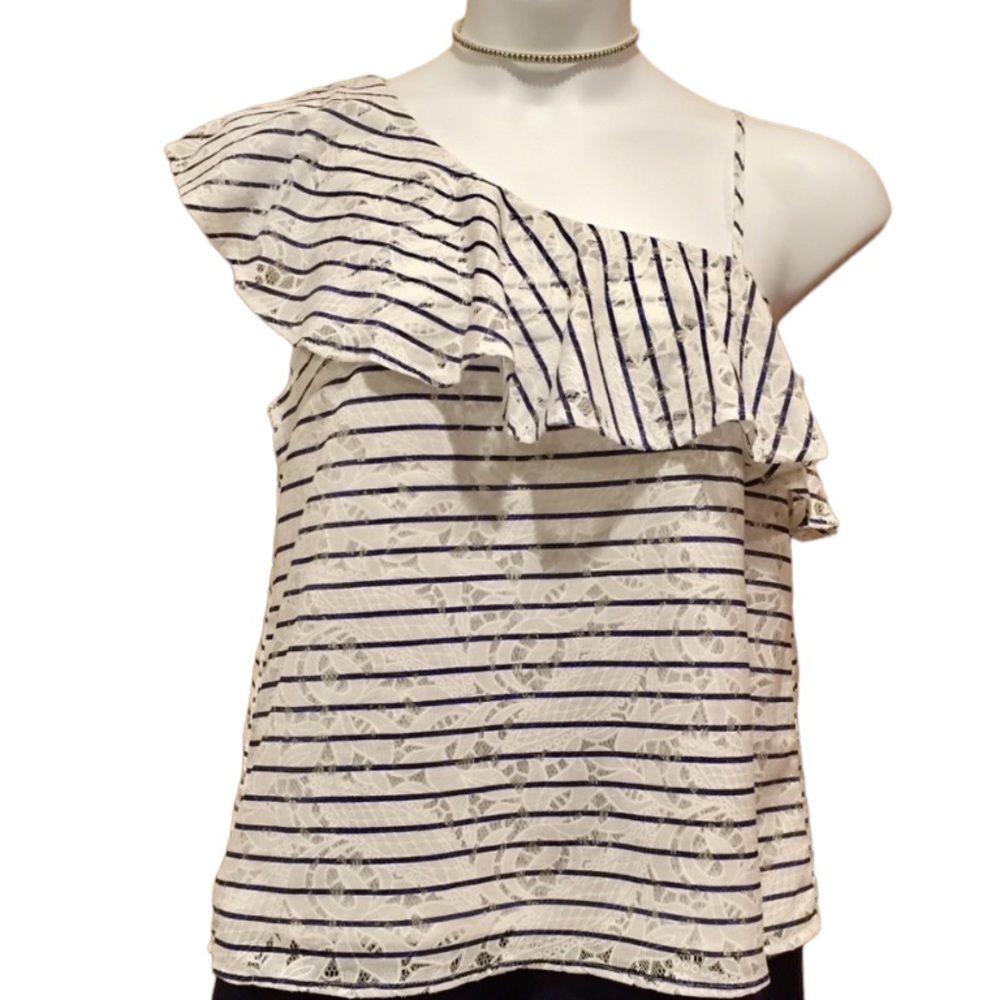 Blu Pepper Asymmetrical Ruffled Lace One Shoulder Stripe Top Large